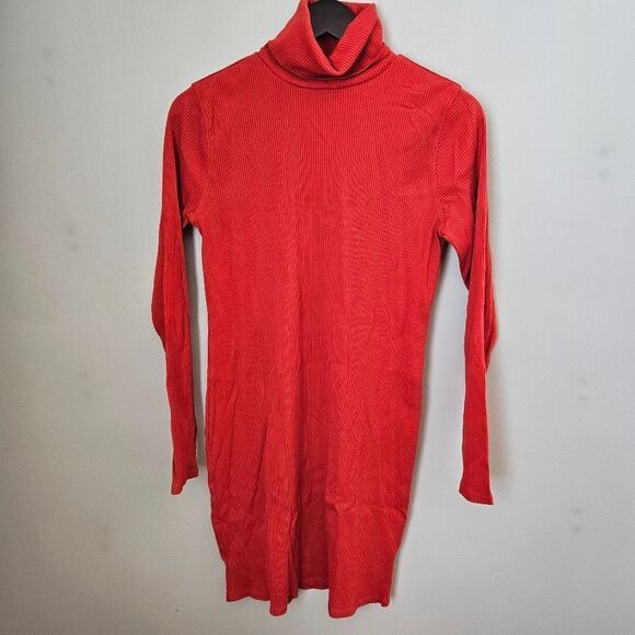 Wild Fable Dress Turtleneck Long Sleeve Orange Red Ribbed Mini Casual Basics - Picture 1 of 8